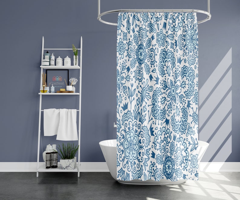 Blue Floral Vintage Shower Curtain, Bohemian Boho Retro Flowers Fabric Bathroom Curtain, Home Bathroom Set Decor - Image 2