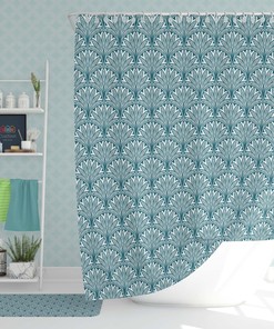 Blue Flower Geometry Shower Curtain, White Blue Aqua Floral Abstract Fabric Bathroom Curtain, Home Bathroom Decor