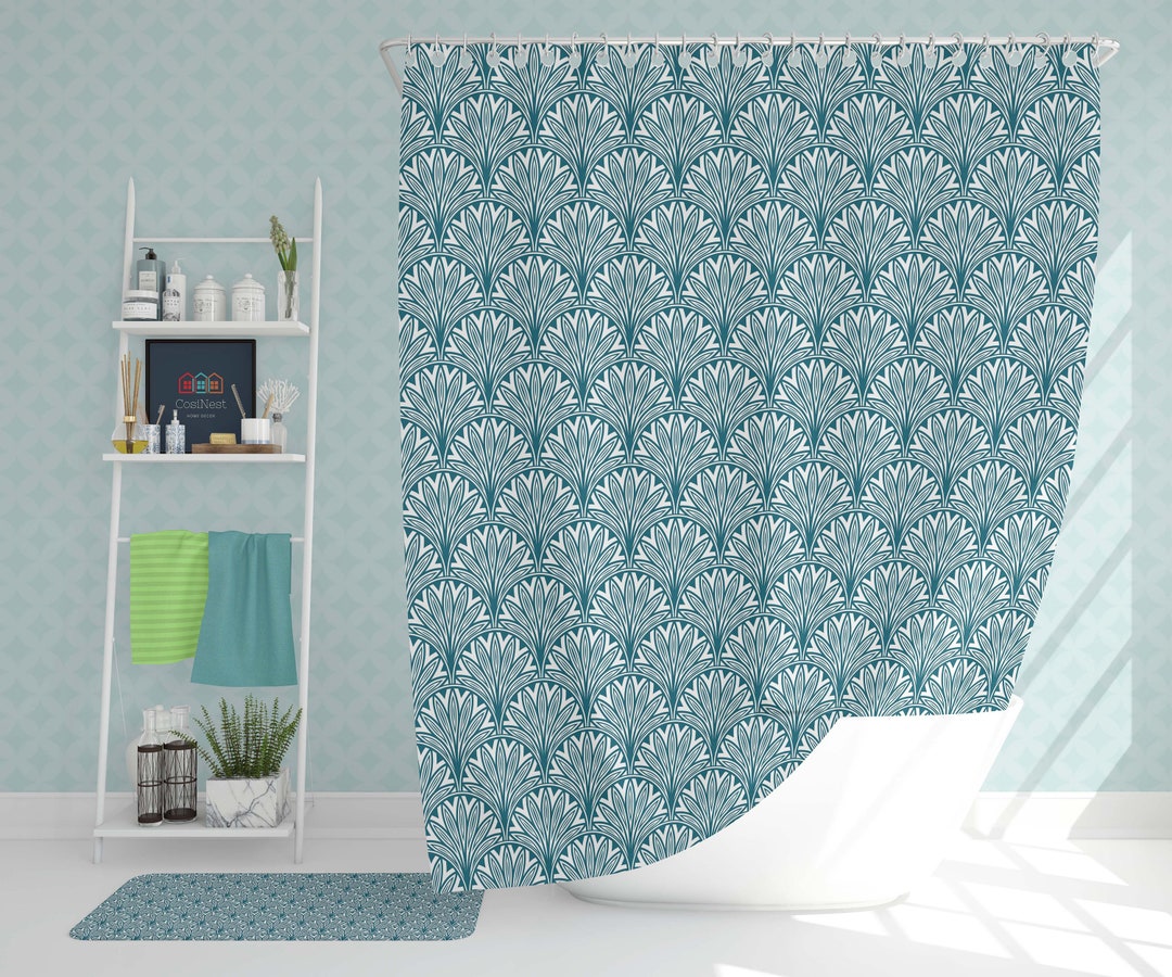 Blue Flower Geometry Shower Curtain, White Blue Aqua Floral Abstract Fabric Bathroom Curtain, Home Bathroom Decor