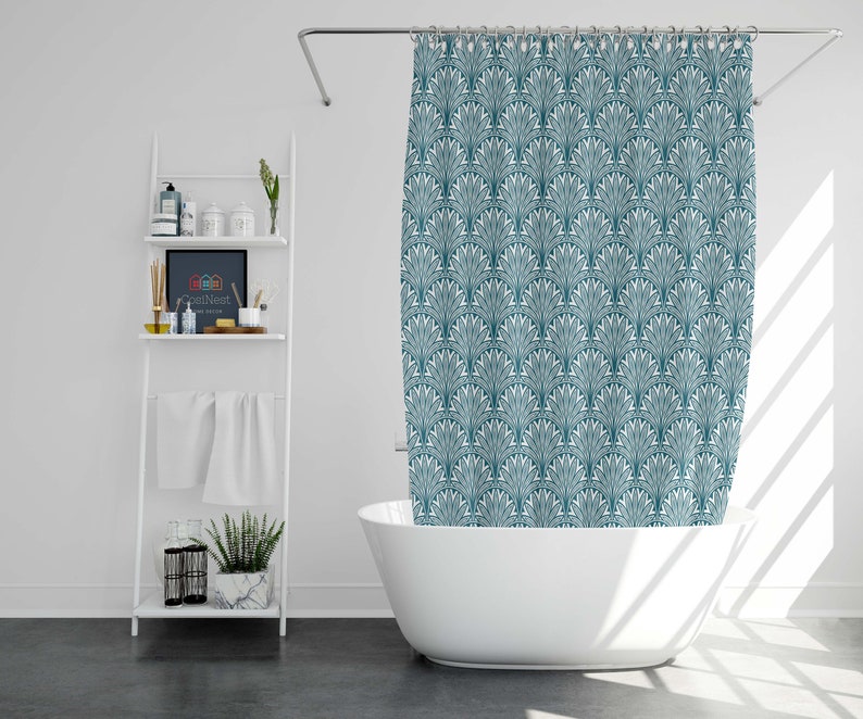 Blue Flower Geometry Shower Curtain, White Blue Aqua Floral Abstract Fabric Bathroom Curtain, Home Bathroom Decor - Image 2