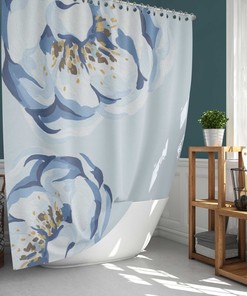 Blue Flower Watercolor Shower Curtain, Minimalist Floral Peony Fabric Bathroom Curtain, House Warming Gift
