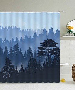Blue Forest Trees Shower Curtain, Minimalist Landscape Fabric Bathroom Curtain, Home Bath Decor Accessories