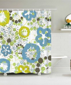 Blue Green Floral Dandelion Shower Curtain, Boho Chic Flowers Design
