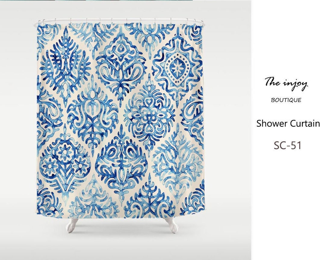 Blue Ink Moroccan Pattern Shower Curtain, Waterproof Extra Heavy Quality Curtains, Bathroom Decor