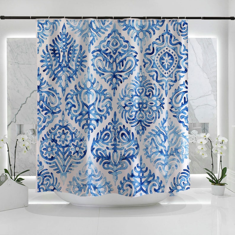 Blue Ink Moroccan Pattern Shower Curtain, Waterproof Extra Heavy Quality Curtains, Bathroom Decor - Image 2