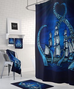Blue Kraken Octopus Shower Curtain for Bathroom