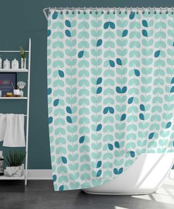Blue Leaves Retro Scandinavian Shower Curtain, Swedish Danish Nordic Leaf Design