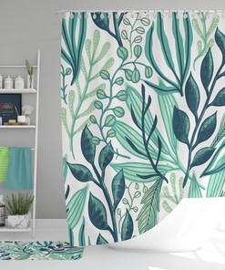 Blue Leaves Shower Curtain, Botanical Tropical Forest, House Warming Gift