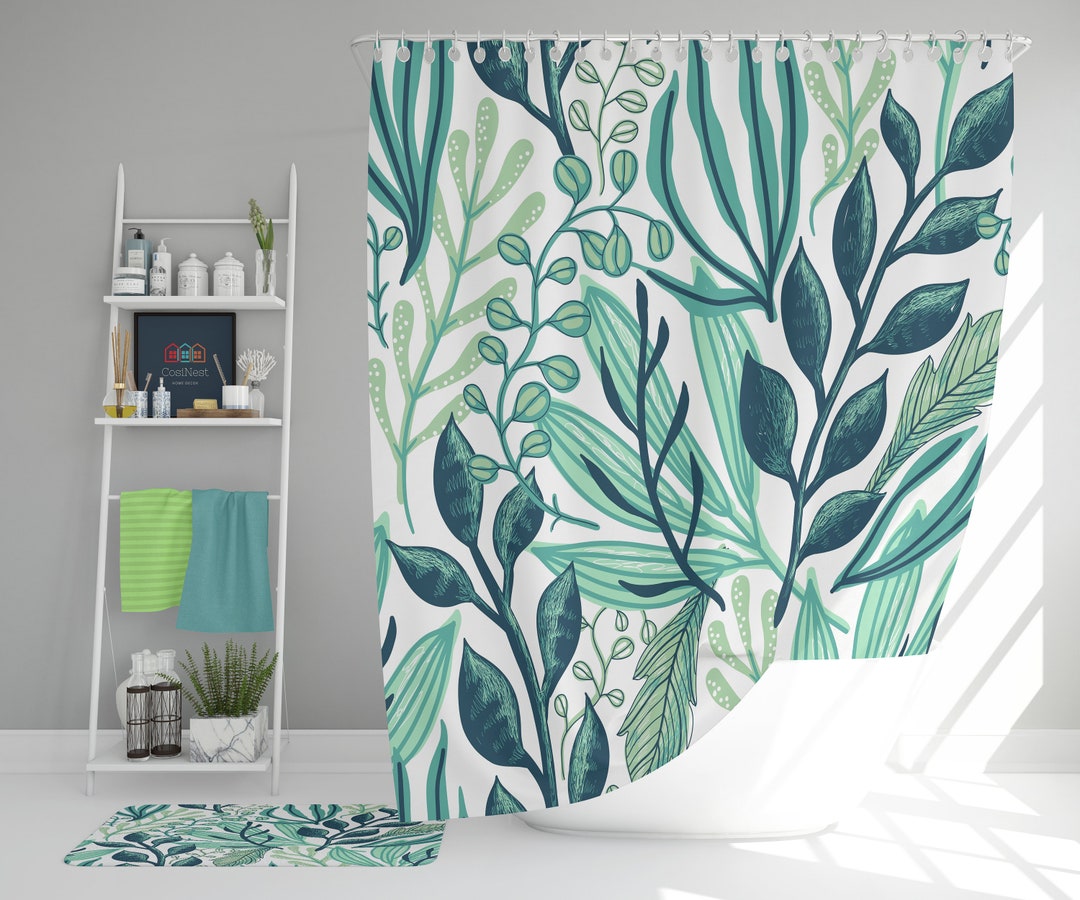 Blue Leaves Shower Curtain, Botanical Tropical Forest, House Warming Gift
