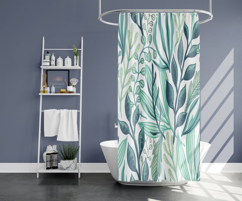 Blue Leaves Shower Curtain, Botanical Tropical Forest, House Warming Gift - Image 2