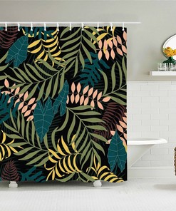 Blue Lotus Palm Leaves Shower Curtain, Botanical Tropical Green Forest, Fabric Bath Curtain