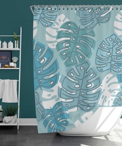 Blue Monstera Leaves Shower Curtain, Botanical Tropical Plant Bath Decor, Waterproof Fabric Shower Curtains