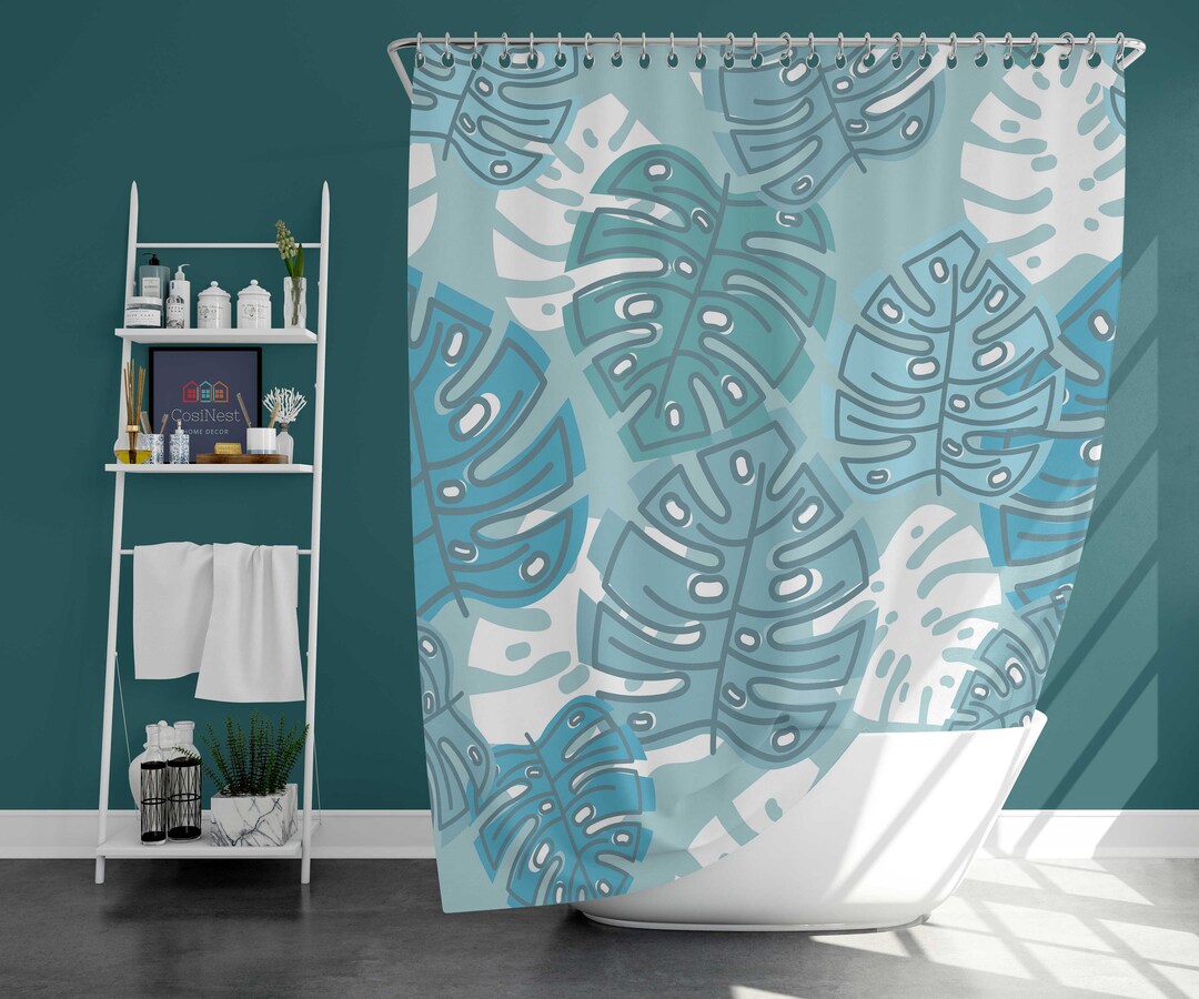 Blue Monstera Leaves Shower Curtain, Botanical Tropical Plant Bath Decor, Waterproof Fabric Shower Curtains