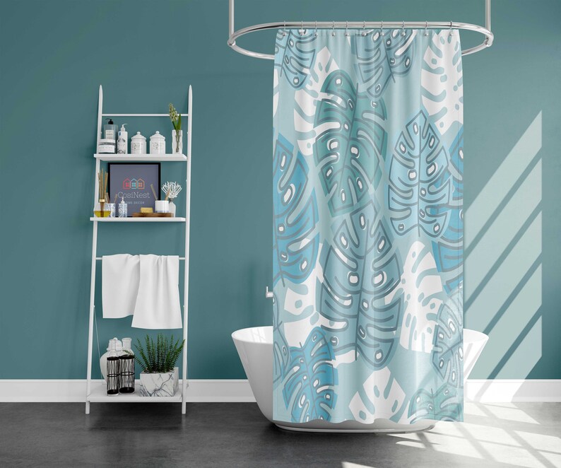 Blue Monstera Leaves Shower Curtain, Botanical Tropical Plant Bath Decor, Waterproof Fabric Shower Curtains - Image 2