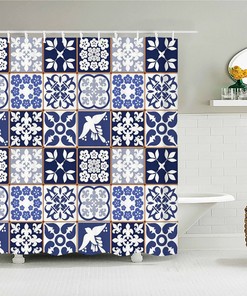Blue Mosaic Tile Boho Shower Curtain, Bohemian Chic Geometric Bird Design, Fabric Bath Curtain