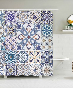 Blue Mosaic Tile Boho Shower Curtain, Bohemian Chic Geometric Square Design, Fabric Bath Curtain