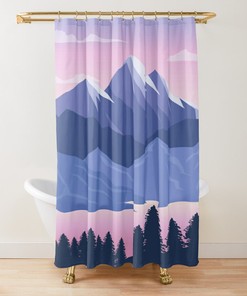 Blue Mountain Shower Curtain, Landscape Scenic Pink Purple Fabric Bathroom Curtain, Home Bathroom Set Decor