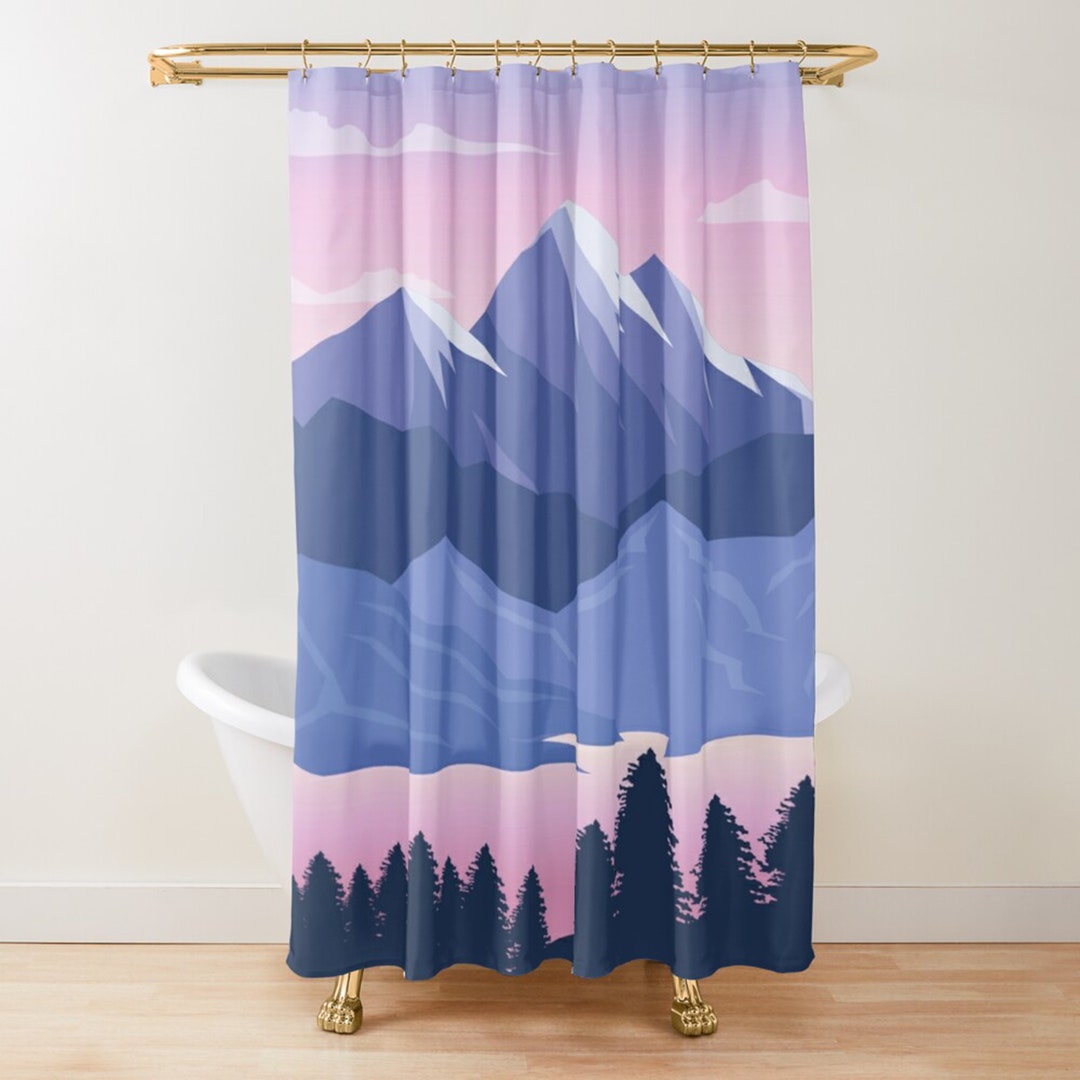 Blue Mountain Shower Curtain, Landscape Scenic Pink Purple Fabric Bathroom Curtain, Home Bathroom Set Decor