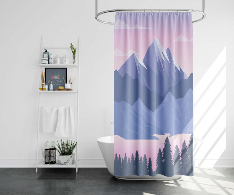 Blue Mountain Shower Curtain, Landscape Scenic Pink Purple Fabric Bathroom Curtain, Home Bathroom Set Decor - Image 2