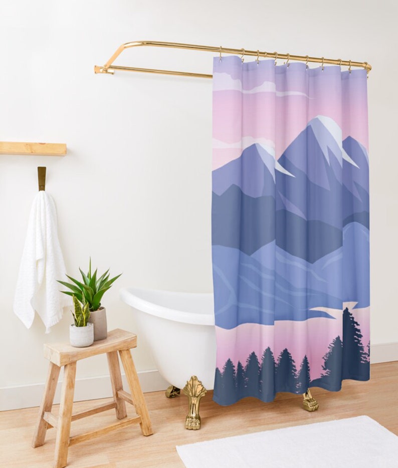 Blue Mountain Shower Curtain, Landscape Scenic Pink Purple Fabric Bathroom Curtain, Home Bathroom Set Decor - Image 3