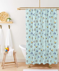 Blue Nautical Sailing Shower Curtain, Sea Ocean Nautical Pattern Fabric Bathroom Curtain, Home Bathroom Set Decor