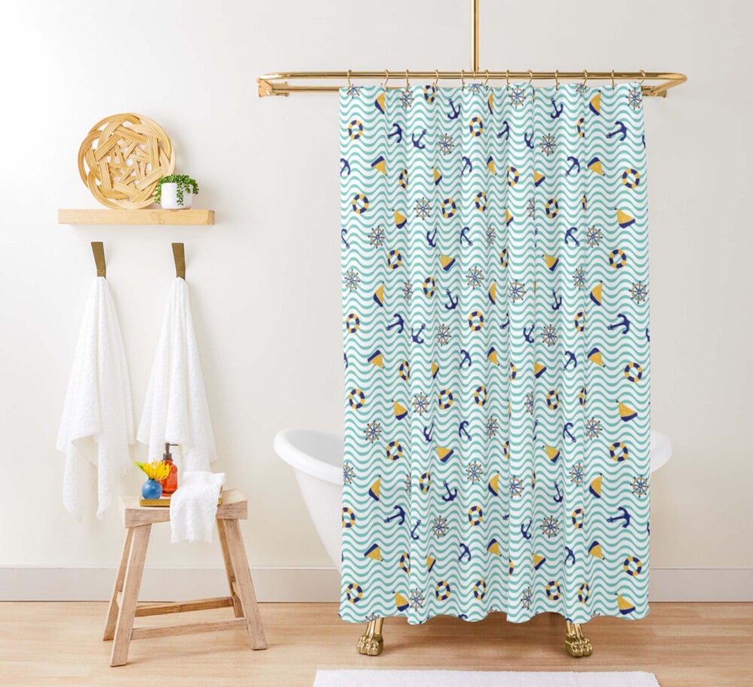 Blue Nautical Sailing Shower Curtain, Sea Ocean Nautical Pattern Fabric Bathroom Curtain, Home Bathroom Set Decor