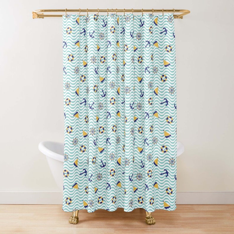 Blue Nautical Sailing Shower Curtain, Sea Ocean Nautical Pattern Fabric Bathroom Curtain, Home Bathroom Set Decor - Image 2