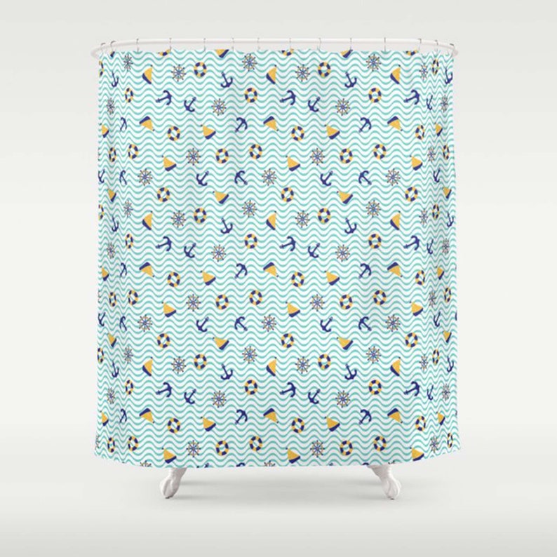 Blue Nautical Sailing Shower Curtain, Sea Ocean Nautical Pattern Fabric Bathroom Curtain, Home Bathroom Set Decor - Image 3