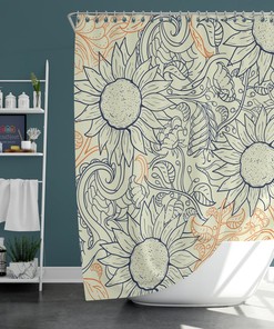Blue Orange Sunflower Shower Curtain, Botanical Floral Summer Flowers Home Bath Decor Accessories