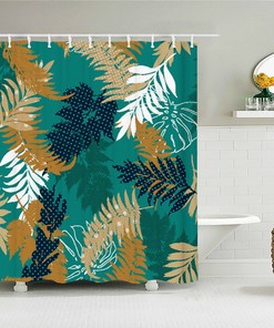 Blue Palm Fern Leaves Shower Curtain, Botanical Tropical Green White Forest, Fabric Bath Curtain