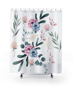 Blue Pink Flowers Floral Bath Curtain, Roses Shower Curtain, Floral Curtain for Bathroom Decor, Bath Decor