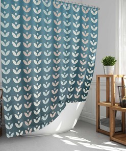 Blue Retro Leaves Spring Floral Shower Curtain, Scandinavian Swedish Danish Design, Bathroom Curtain