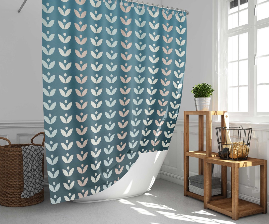 Blue Retro Leaves Spring Floral Shower Curtain, Scandinavian Swedish Danish Design, Bathroom Curtain