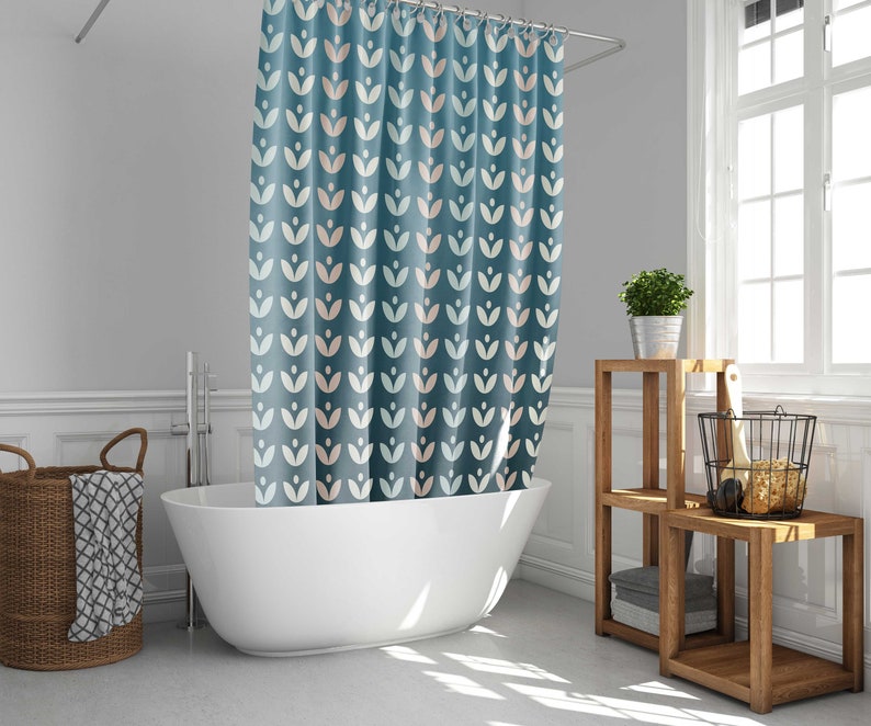 Blue Retro Leaves Spring Floral Shower Curtain, Scandinavian Swedish Danish Design, Bathroom Curtain - Image 2