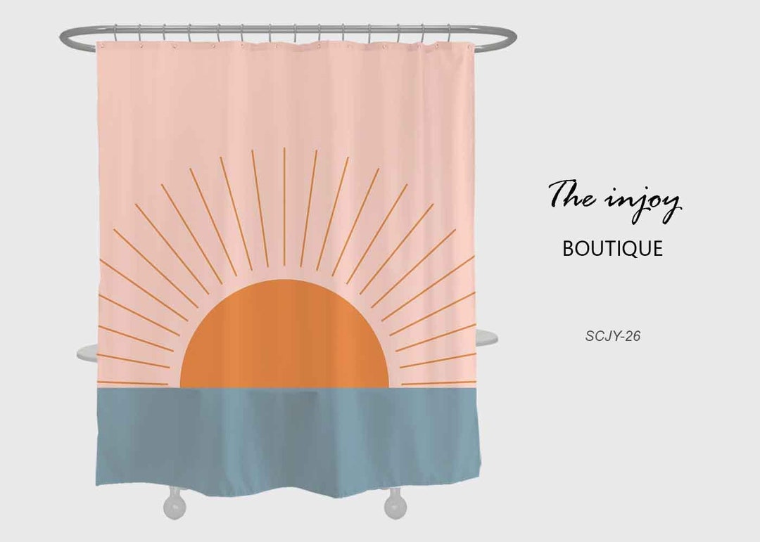 Blue Sea And Sunrise Shower Curtain, Pink Waterproof Shower Curtain, Abstract Bathroom Set
