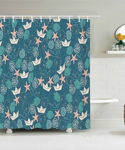 Blue Seashell In The Ocean Shower Curtain, Corals Starfish Ship Beach Underwater Marine, Bathroom Curtain