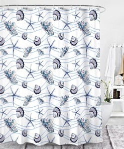 Blue Seashell Starfish Shower Curtain, Ocean Life Sea Creature Beach Pattern Fabric Bathroom Curtain, House Gift