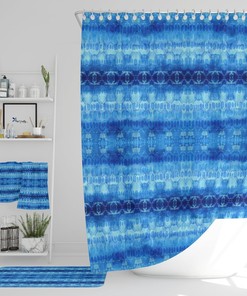 Blue Shibori Boho Shower Curtain Optional Bath Mat and Towels