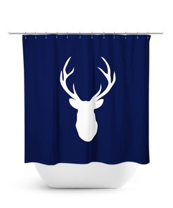 Blue Shower Curtain, Hunting Lodge Decor, Deer Head Antler Bathtub Curtain, Woodland Bathroom