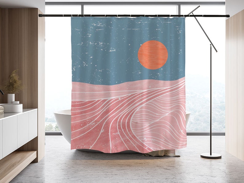 Blue Sky Fabric Shower Curtain, Sunrise Pink Landscape Waterproof Shower Curtain, Decor Bathroom Curtain - Image 2