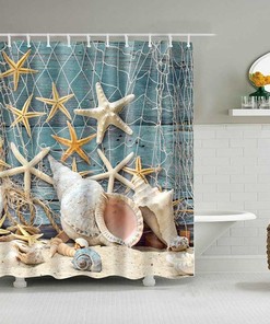 Blue Starfish Seashell Shower Curtain, Ocean Sea Creature Beach Mollusca Deep Water, Bathroom Curtain