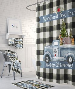 Blue Truck Christmas Shower Curtain, Holiday Shower Curtain, Christmas Bathroom Decor