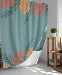 Blue Vintage Leaves Shower Curtain, Floral Orange Yellow Palm Monstera Leaf, Waterproof Fabric Shower Curtains Gift