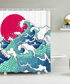 Blue Waves And Red Moon Shower Curtain, Ocean Sea Beach Coastal Japanese Themed Curtain