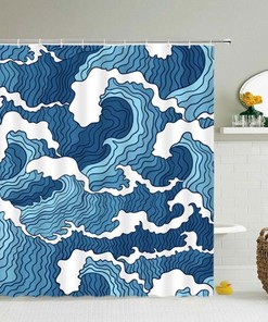 Blue Waves Shower Curtain, Ocean Sea Beach Coastal Themed Curtain, Bath Tub Curtain Accessories