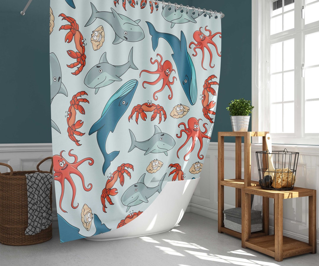Blue Whale And Octopus Shower Curtain, Sea Creature Deep Water Seashells Shark, Bathroom Curtain