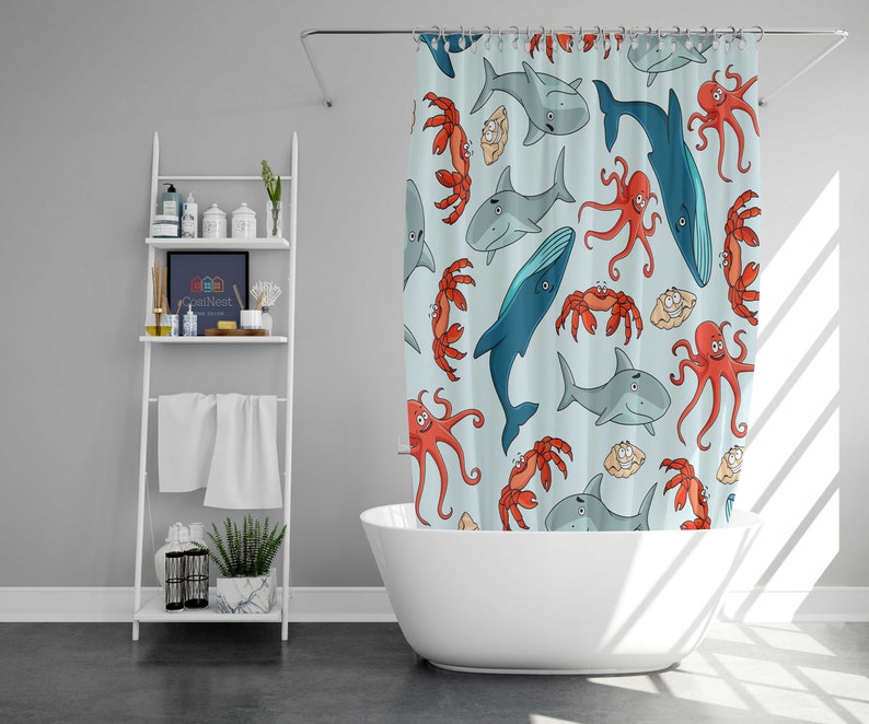 Blue Whale And Octopus Shower Curtain, Sea Creature Deep Water Seashells Shark, Bathroom Curtain - Image 2