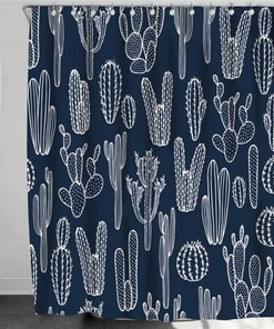 Blue White Cactus Shower Curtain, Cacti Flora Botanical Desert Plant Fabric Bathroom Curtain, Home Bath Room Decor