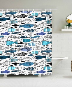 Blue White Fish Shower Curtain, Japanese Style Ocean Sea Fishes Underwater, Home Bath Decor