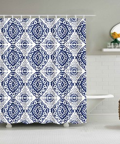 Blue White Geometric Print Shower Curtain, Bohemian Boho Vintage Bathroom Curtain, Home Bath Decor Accessories